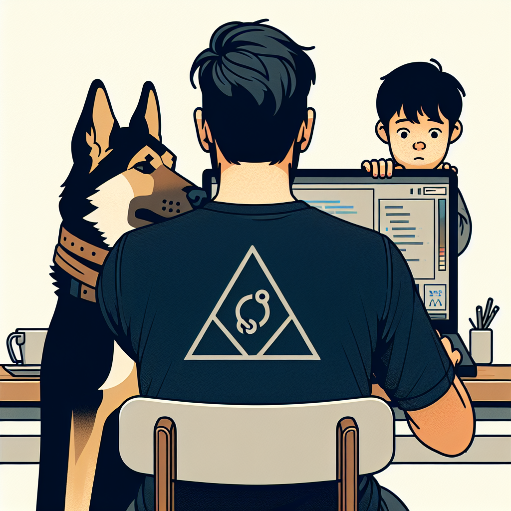 Dog watching man use computer